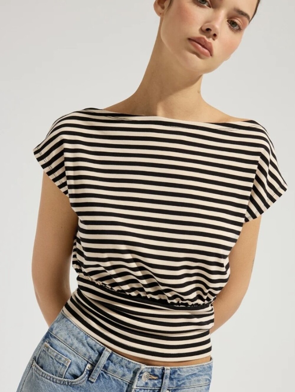 NWT COMMENSE Striped Boat Neck Cinch Waist Top-Black - Picture 4 of 9